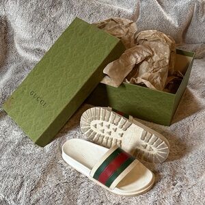 Gucci Ivory Slides with Red and Green Stripes